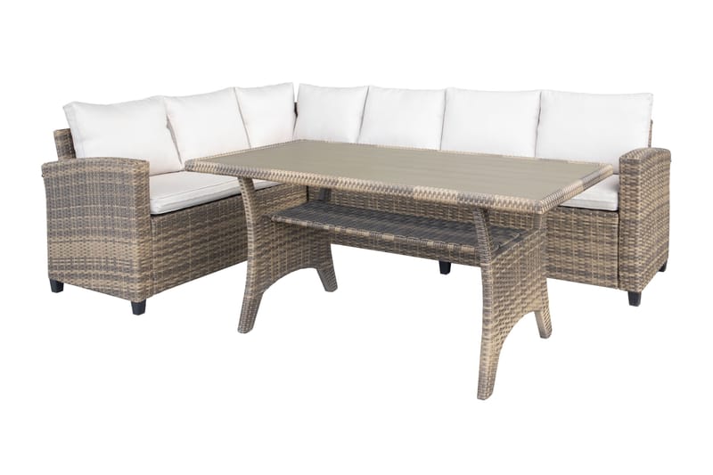 James Light Stor l-formad loungegrupp utomhus i konstrotting med förvaring och vita dynor - Brun / Beige - Trädgård & spabad - Utemiljö - Altan & terrass - Altanmöbler