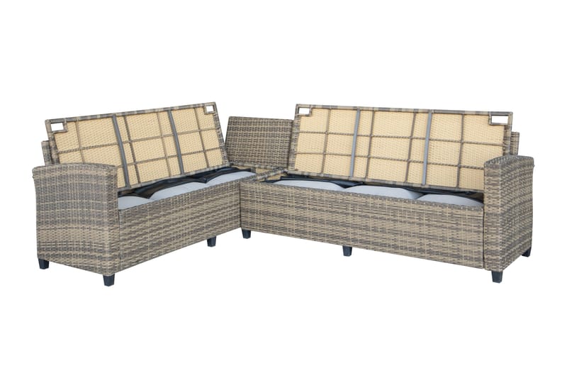 James Light Stor l-formad loungegrupp utomhus i konstrotting med förvaring och vita dynor - Brun / Beige - Trädgård & spabad - Utemiljö - Altan & terrass - Altanmöbler