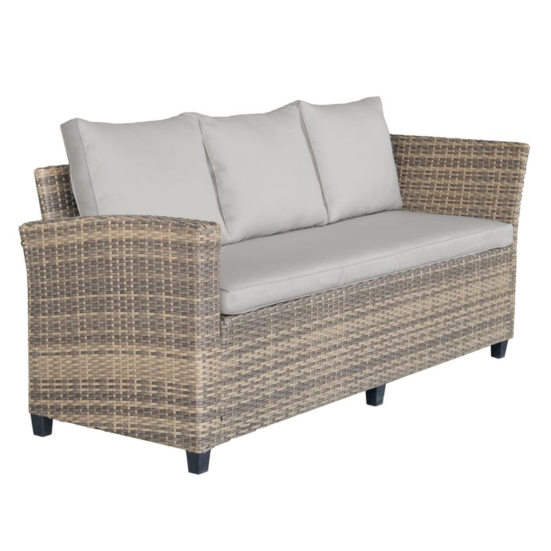 James Light Stor L-formad vändbar loungegrupp utomhus i konstrotting med förvaring och vita dynor - Brun / Beige - Utemöbler - Loungemöbler - Soffgrupp utomhus