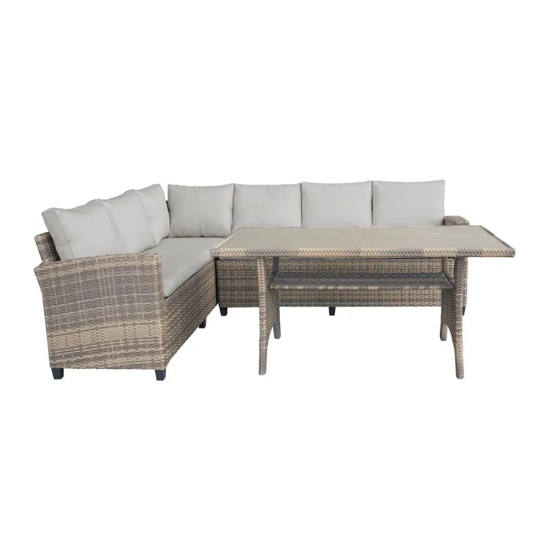 James Light Stor L-formad vändbar loungegrupp utomhus i konstrotting med förvaring och vita dynor - Brun / Beige - Utemöbler - Loungemöbler - Soffgrupp utomhus