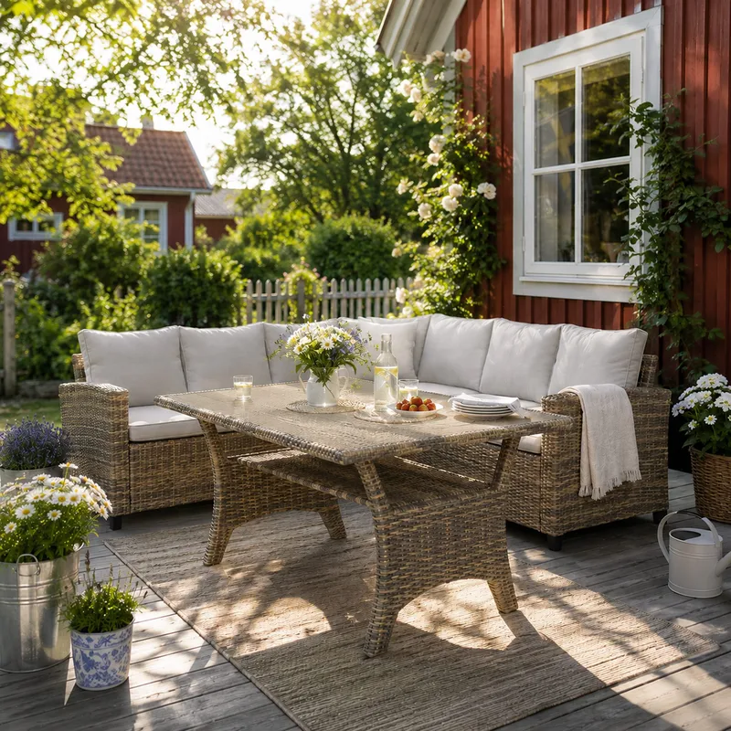 James Light Stor L-formad vändbar loungegrupp utomhus i konstrotting med förvaring och vita dynor - Brun / Beige - Utemöbler - Loungemöbler - Soffgrupp utomhus
