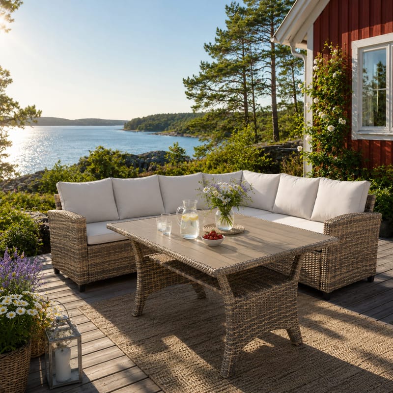 James Light Stor L-formad vändbar loungegrupp utomhus i konstrotting med förvaring och vita dynor - Brun / Beige - Utemöbler - Loungemöbler - Soffgrupp utomhus