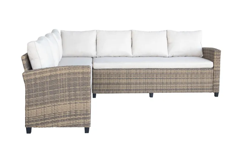 James Light Stor L-formad vändbar loungegrupp utomhus i konstrotting med förvaring och vita dynor - Brun / Beige - Trädgård & spabad - Utemiljö - Altan & terrass - Altanmöbler