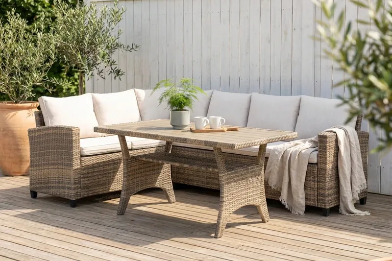 James Light Stor L-formad vändbar loungegrupp utomhus i konstrotting med förvaring och vita dynor - Brun / Beige - Trädgård & spabad - Utemiljö - Altan & terrass - Altanmöbler
