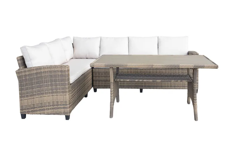 James Light Stor L-formad vändbar loungegrupp utomhus i konstrotting med förvaring och vita dynor - Brun / Beige - Trädgård & spabad - Utemiljö - Altan & terrass - Altanmöbler