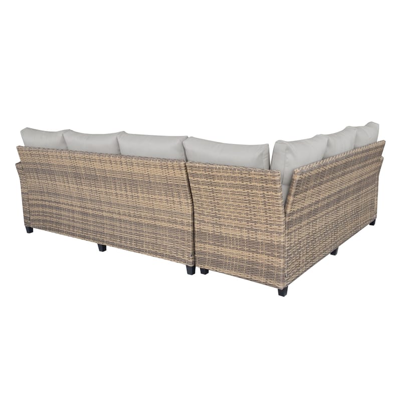James Light Stor L-formad vändbar loungegrupp utomhus i konstrotting med förvaring och vita dynor - Brun / Beige - Utemöbler - Loungemöbler - Soffgrupp utomhus