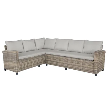 James Light Stor L-formad vändbar loungegrupp utomhus i konstrotting med förvaring och vita dynor - Brun / Beige - Utemöbler - Loungemöbler - Soffgrupp utomhus