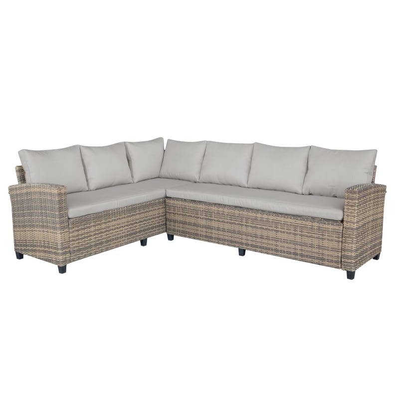 James Light Stor L-formad vändbar loungegrupp utomhus i konstrotting med förvaring och vita dynor - Brun / Beige - Utemöbler - Loungemöbler - Soffgrupp utomhus