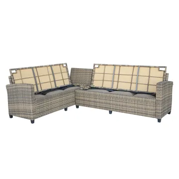 James Light Stor L-formad vändbar loungegrupp utomhus i konstrotting med förvaring och vita dynor - Brun / Beige - Utemöbler - Loungemöbler - Soffgrupp utomhus