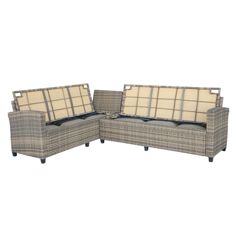 James Light Stor L-formad vändbar loungegrupp utomhus i konstrotting med förvaring och vita dynor - Brun / Beige - Utemöbler - Loungemöbler - Soffgrupp utomhus