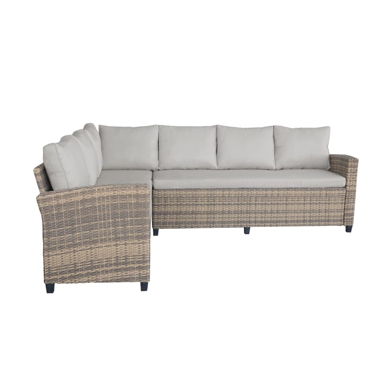 James Light Stor L-formad vändbar loungegrupp utomhus i konstrotting med förvaring och vita dynor - Brun / Beige - Utemöbler - Loungemöbler - Soffgrupp utomhus