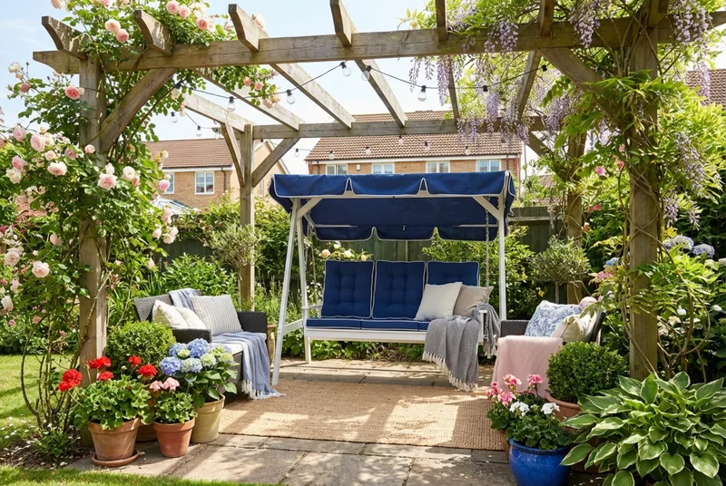 Landet Hammock Gungsoffa med tak i akacia trä inklusive dynor 195x125x159 - Blå / Vit - Utemöbler - Utesoffa - Hammock