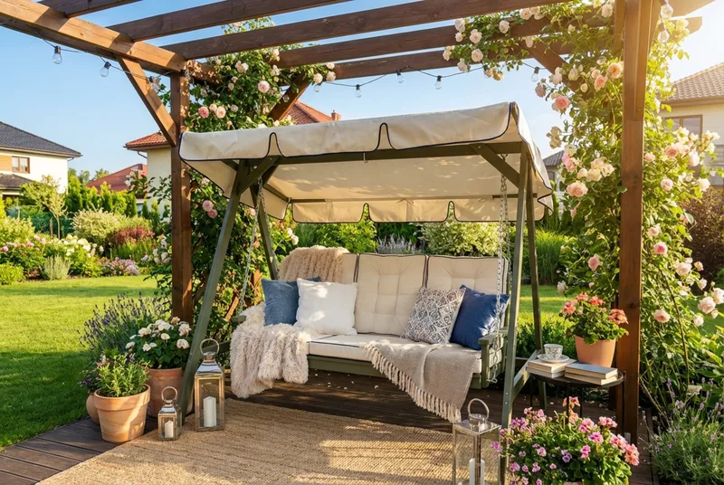 Landet Hammock Gungsoffa med tak i akacia trä inklusive dynor 195x125x159 - Vit / Mörkgrön - Utemöbler - Utesoffa - Hammock