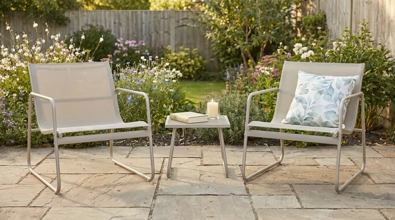 Pelanda Caféset Utomhus - Bord med frostad glasskiva och fåtöljer i stål - Beige - Trädgård & spabad - Utemiljö - Altan & terrass - Altanmöbler