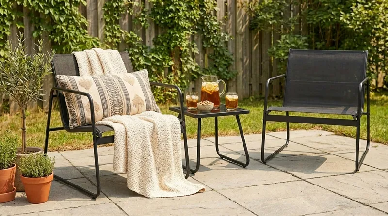 Pelanda Caféset Utomhus - Bord med frostad glasskiva och fåtöljer i stål - Svart - Trädgård & spabad - Utemiljö - Altan & terrass - Altanmöbler