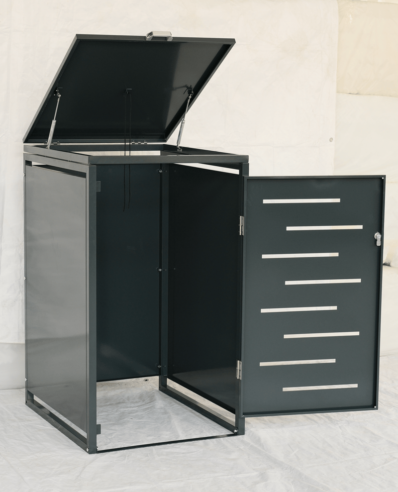 Soptunneskjul 1 kärl | Låsbar | Gasfjäder & ventilation | Mörkgrå metall - Mörkgrå med svart detaljfinish - Trädgård & spabad - Uterum & fritidshus - Förråd & bodar - Soptunneskydd