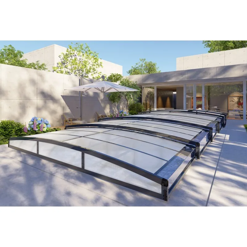 Pooltak 5x10m | Utan skenor | UV-skydd | Flexibel dörr - Mörkgrå/klarglas - Trädgård & spabad - Utomhusbad - Pool & spatillbehör - Poolskydd - Pooltak