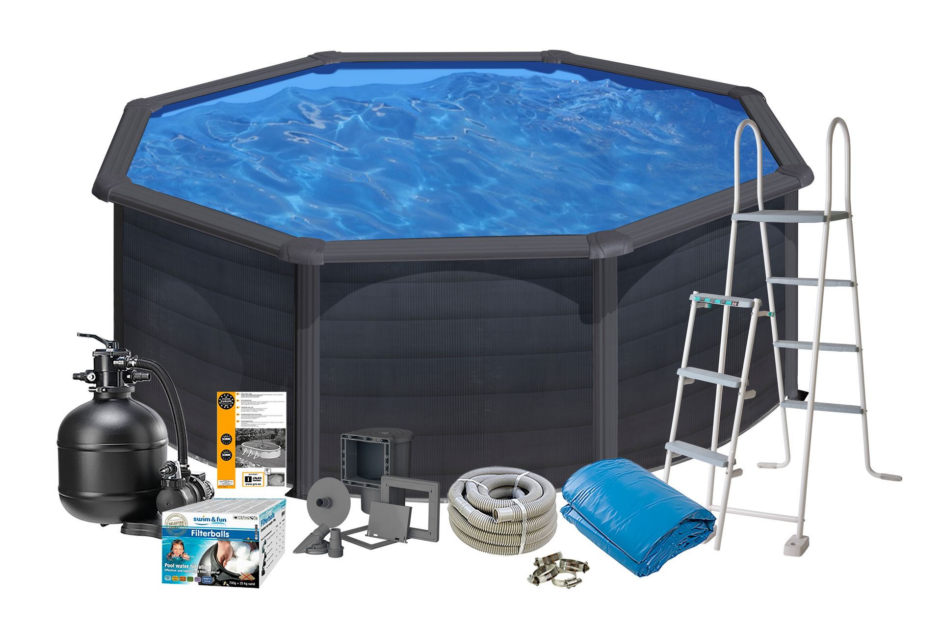 Pool Stål Swim & Fun Grundläggande runda Ø350 x 132 cm, Svart grafit - Ø350 x 132 cm, Svart grafit