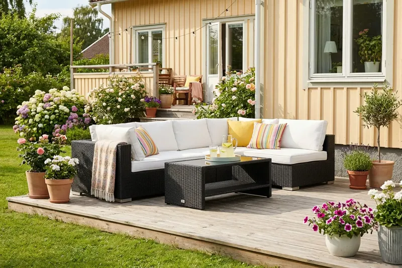 Bahamas Soffbord med hylla Utomhus 113 cm Konstrotting - Svart - Utemöbler - Balkong - Balkongmöbler - Balkongbord