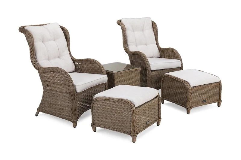 Marcus Caféset med 2 Öronlappsfåtöljer med Fotpall m Dyna, Natur