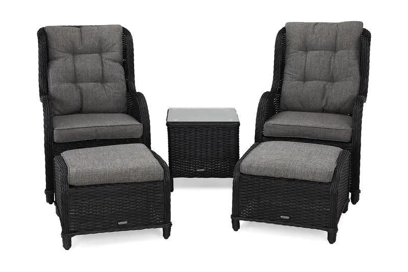 Marcus Caféset med 2 Öronlappsfåtöljer med Fotpall m Dyna - Svart - Utemöbler - Balkong - Balkongmöbler - Balkonggrupp & balkongset