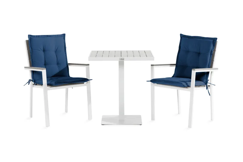 Tunis Caféset 70x70 + 2 Stapelstolar m Dyna, Vit/Grå/Blå