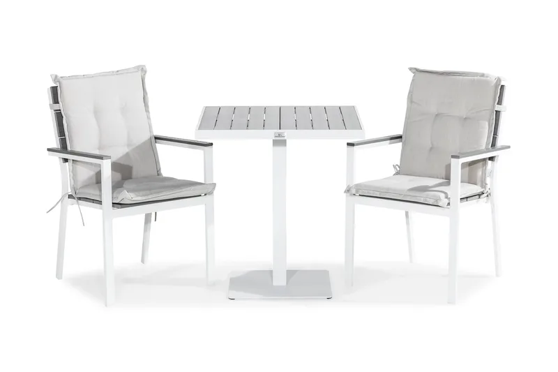 Tunis Caféset 70x70 + 2 Tunis Stapelstol m Dyna, Vit/Grå/Offwhite