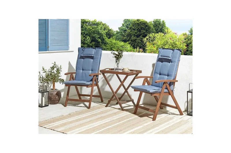 Cafeset Amantea med kuddar Mörk trä/blå - Mörk trä/blå - Utemöbler - Balkong - Balkongmöbler - Balkonggrupp & balkongset