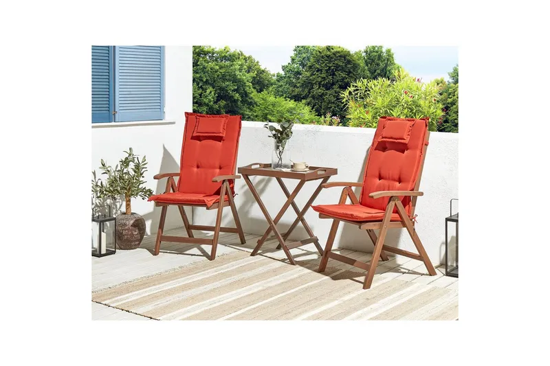 Cafeset Amantea med kuddar Mörkt trä/rött - Mörkt trä/rött - Utemöbler - Balkong - Balkongmöbler - Balkonggrupp & balkongset