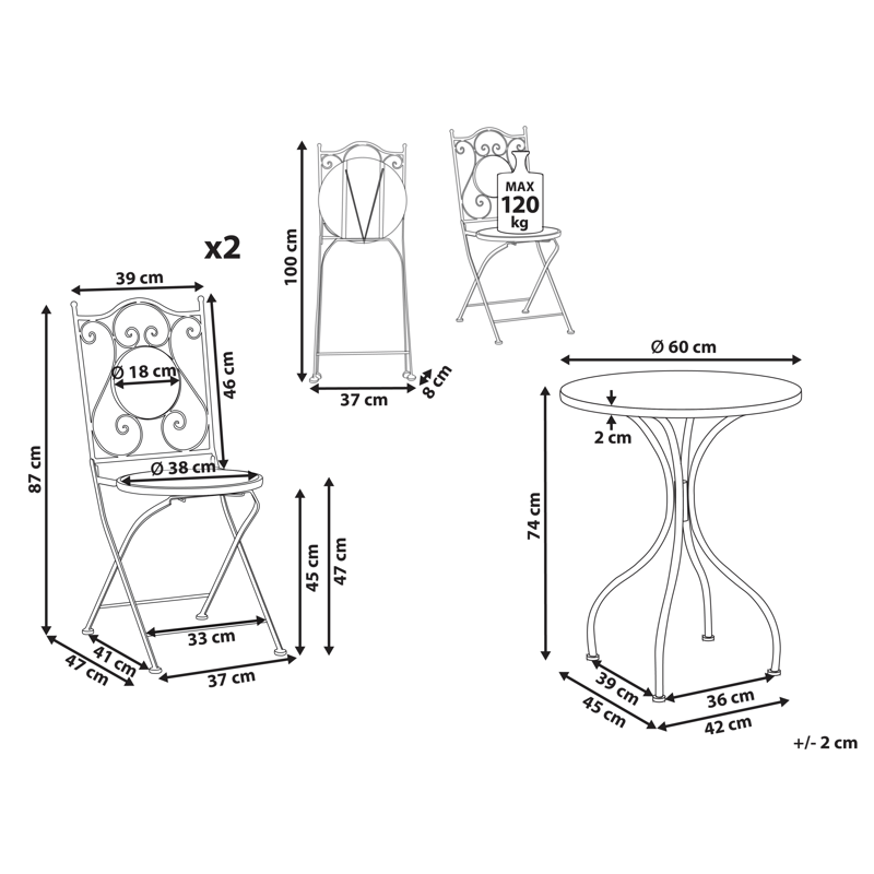 Caféset utomhus Fällbar Artena Järn - Svart/Vit - Utemöbler - Balkong - Balkongmöbler - Balkonggrupp & balkongset