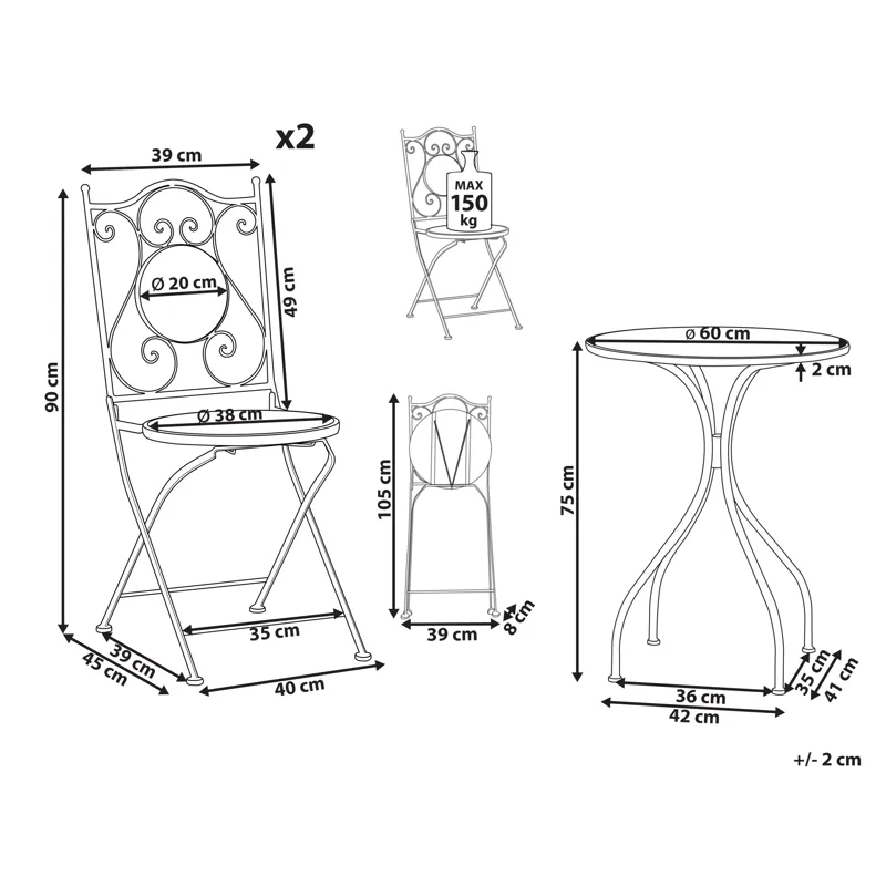 Caféset utomhus Fällbar Chapeco Järn - Svart/Blå/Vit - Utemöbler - Balkong - Balkongmöbler - Balkonggrupp & balkongset