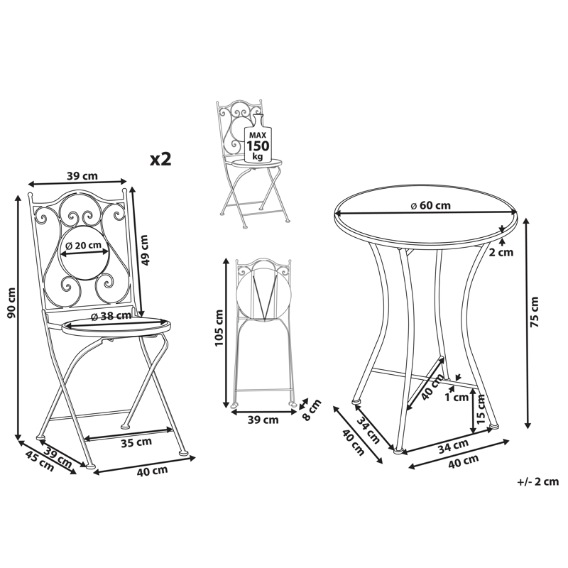 Caféset utomhus Fällbar Comiso Järn - Svart/Vit - Utemöbler - Balkong - Balkongmöbler - Balkonggrupp & balkongset