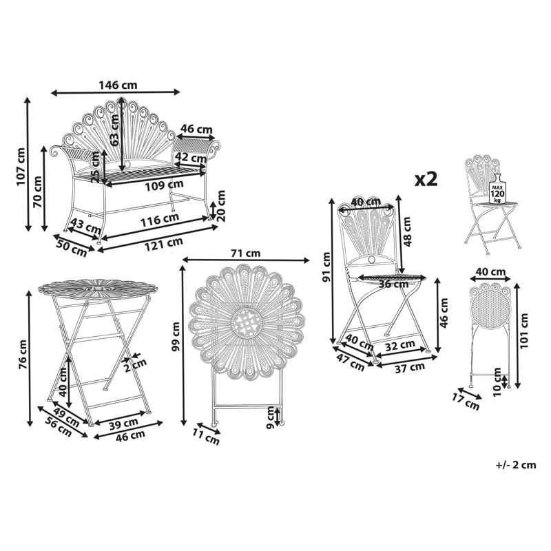 Caféset utomhus med Bänk Pavia Järn - Blå - Utemöbler - Balkong - Balkongmöbler - Balkonggrupp & balkongset