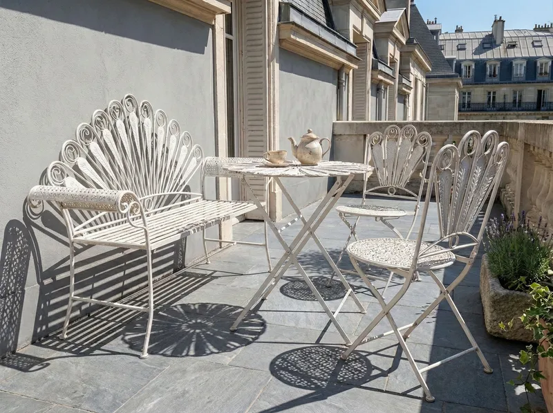 Caféset utomhus med Bänk Pavia Järn - Vit - Utemöbler - Balkong - Balkongmöbler - Balkonggrupp & balkongset