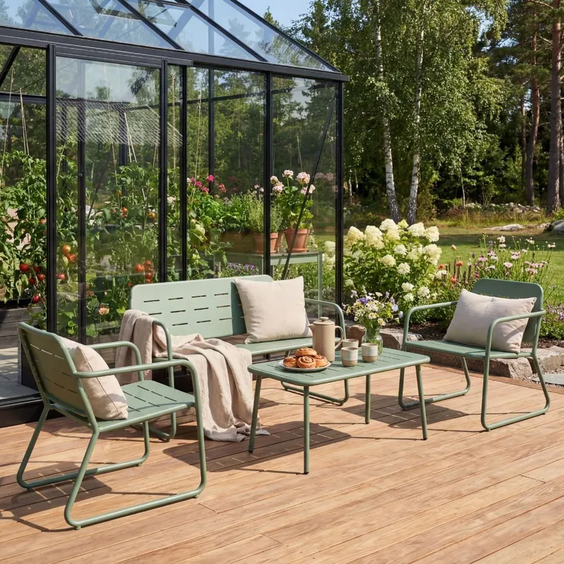 Loungegrupp Loungegrupp i olivgrönt stål | Soffa, stolar & bord | 4-delat set Grön, undefined