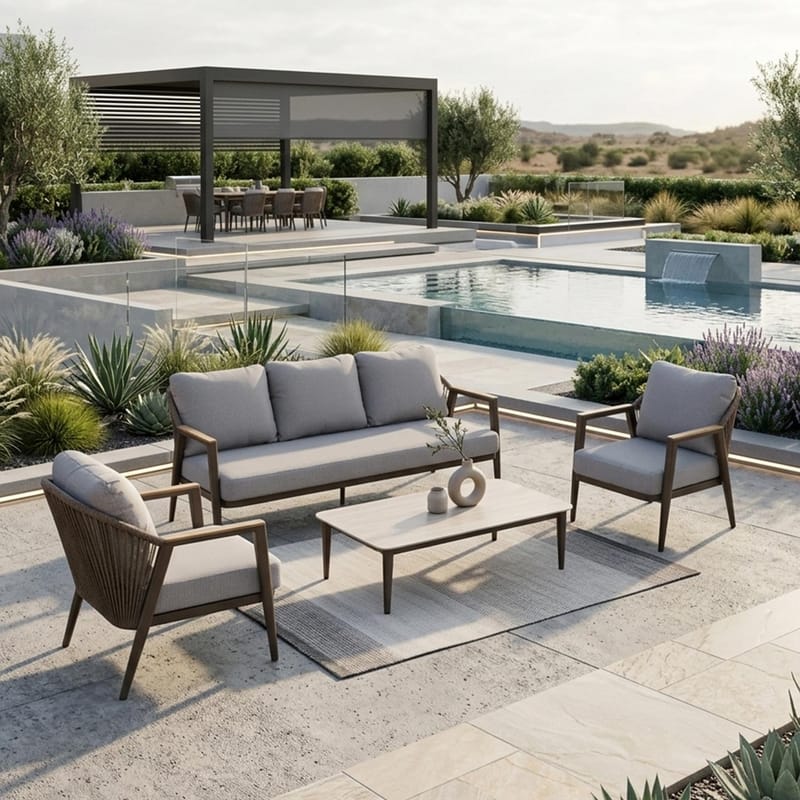 Trädgårdsmöbelset Delia bord, soffa och 2 stolar - Beige - Utemöbler - Balkong - Balkongmöbler - Balkonggrupp & balkongset