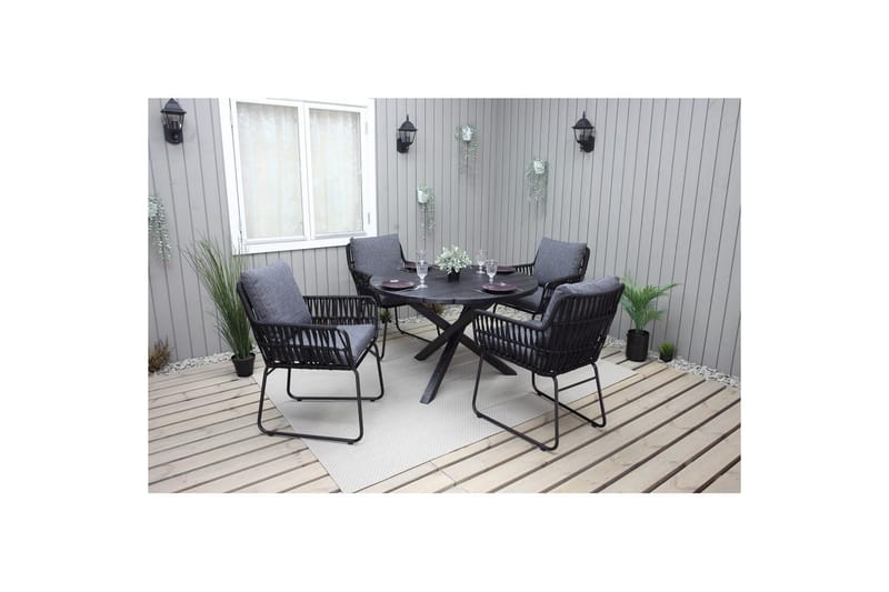 Utomhusmöbelgrupp Ø 112 cm bord & 4 Levanto grå stolar Svart - Svart - Utemöbler - Balkong - Balkongmöbler - Balkonggrupp & balkongset