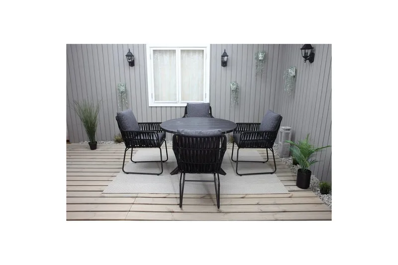 Utomhusmöbelgrupp Ø 112 cm bord & 4 Levanto grå stolar Svart - Svart - Utemöbler - Utegrupp - Matgrupp utomhus