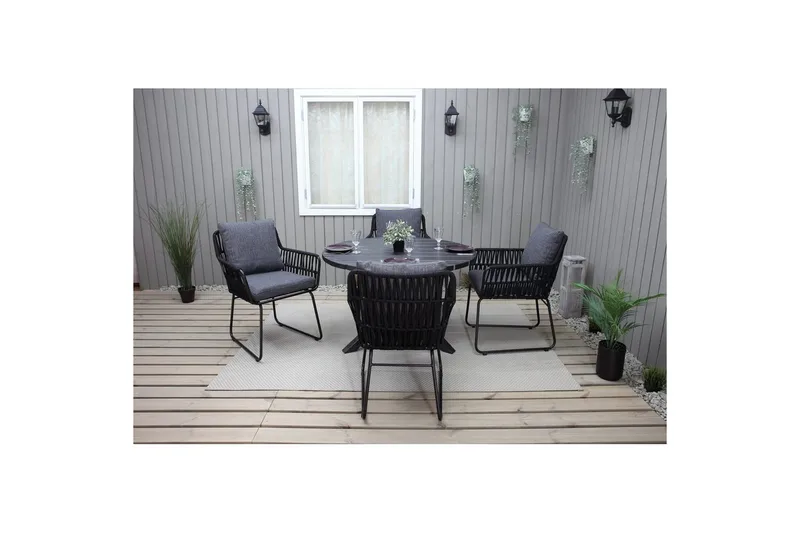 Utomhusmöbelgrupp Ø 112 cm bord & 4 Levanto grå stolar Svart - Svart - Utemöbler - Utegrupp - Matgrupp utomhus