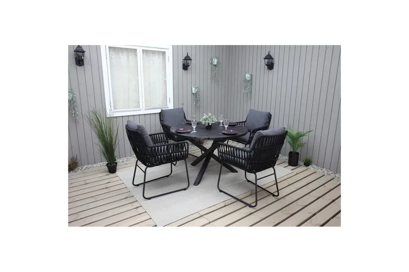 Utomhusmöbelgrupp Ø 112 cm bord & 4 Levanto grå stolar Svart - Svart - Utemöbler - Utegrupp - Matgrupp utomhus