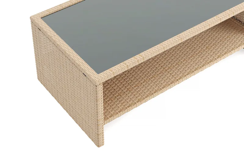 Wisconsin Soffbord utomhus i konstrotting med glasskiva och hylla för förvaring 58x110x43 cm - Beige - Utemöbler - Balkong - Balkongmöbler - Balkongbord