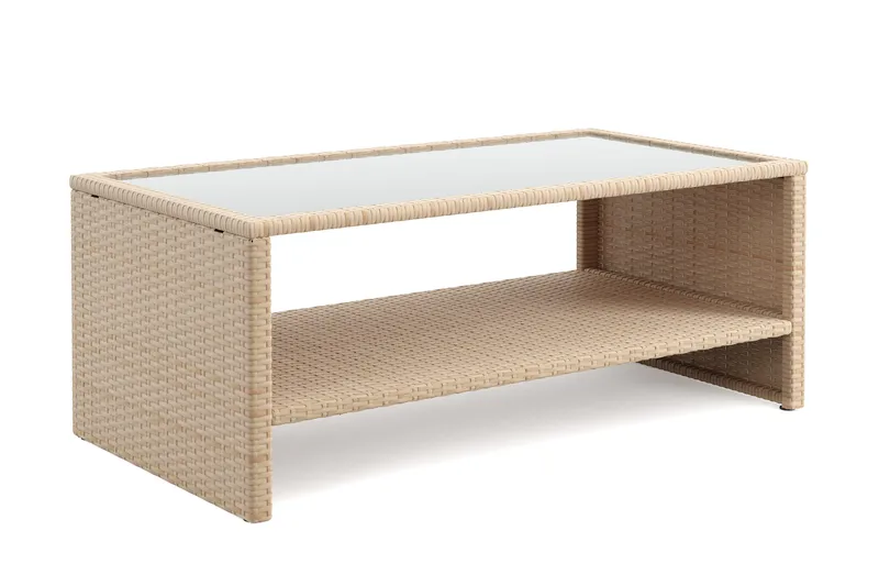 Wisconsin Soffbord utomhus i konstrotting med glasskiva och hylla för förvaring 58x110x43 cm - Beige - Utemöbler - Balkong - Balkongmöbler - Balkongbord