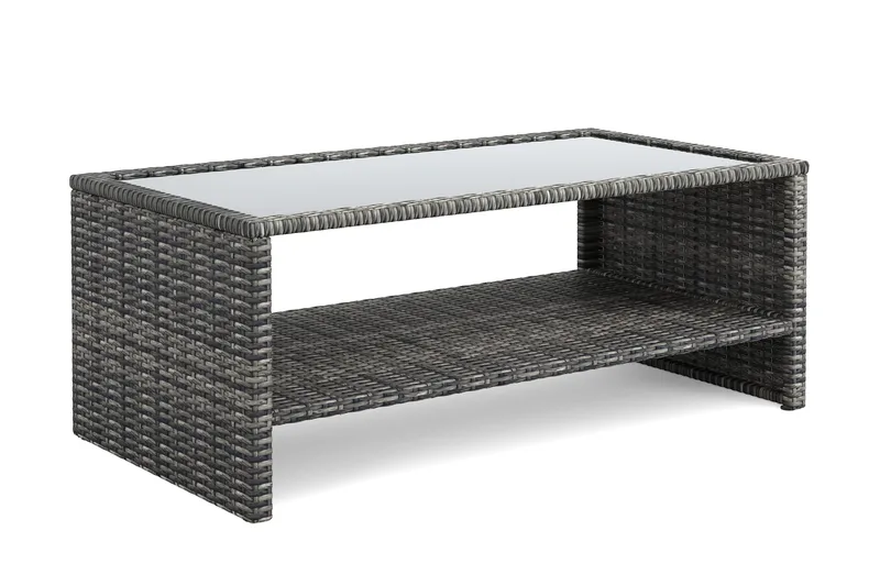 Wisconsin Soffbord utomhus i konstrotting med glasskiva och hylla för förvaring 58x110x43 cm - Grå - Utemöbler - Balkong - Balkongmöbler - Balkongbord