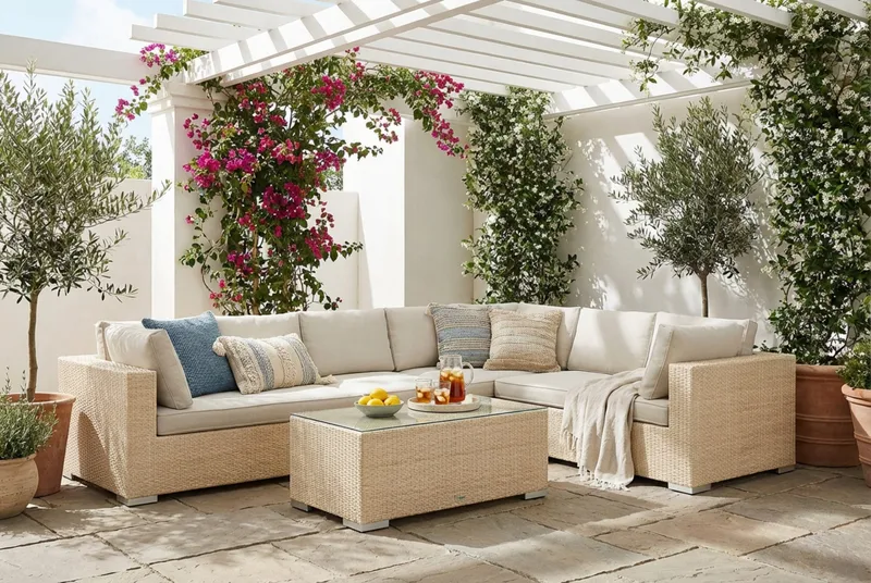 Bahamas L-formad utesoffa höger, 7-sits med bord - Beige - Utemöbler - Loungemöbler - Soffgrupp utomhus