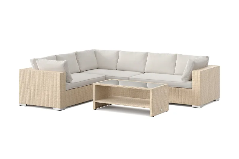 Bahamas L-formad utesoffa vänster, 6-sits med bord och hylla, Beige