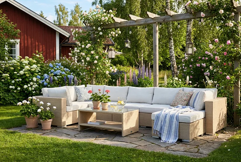 Bahamas U-formad utomhus loungegrupp 7-sits med vändbar divan och bord med hylla - Beige - Utemöbler - Loungemöbler - Soffgrupp utomhus