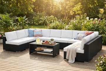 Bahamas U-formad utomhus loungegrupp med öppet avslut, 9-sits med bord och hylla - Svart - Utemöbler - Loungemöbler - Soffgrupp utomhus