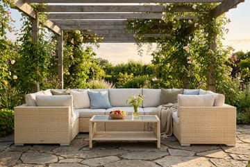 Bahamas U-formad utomhus loungegrupp med stängt avslut, 7-sits med bord och hylla - Beige - Utemöbler - Loungemöbler - Soffgrupp utomhus