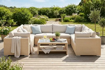 Bahamas U-formad utomhus loungegrupp med stängt avslut, 9-sits med bord och hylla - Beige - Utemöbler - Loungemöbler - Soffgrupp utomhus