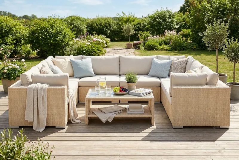 Bahamas U-formad utomhus loungegrupp med stängt avslut, 9-sits med bord och hylla - Beige - Utemöbler - Loungemöbler - Soffgrupp utomhus